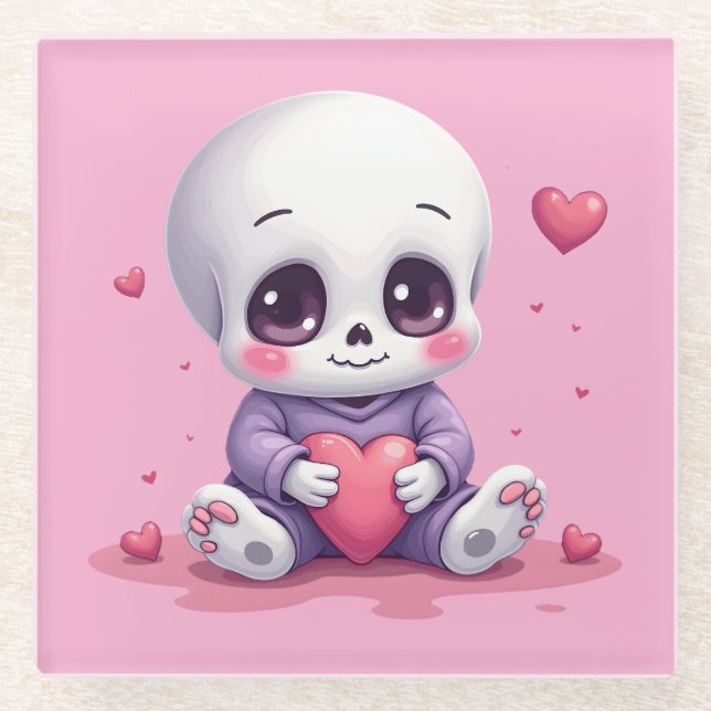 Kawaii Skeleton Holding Heart Glass Coaster (Front)
