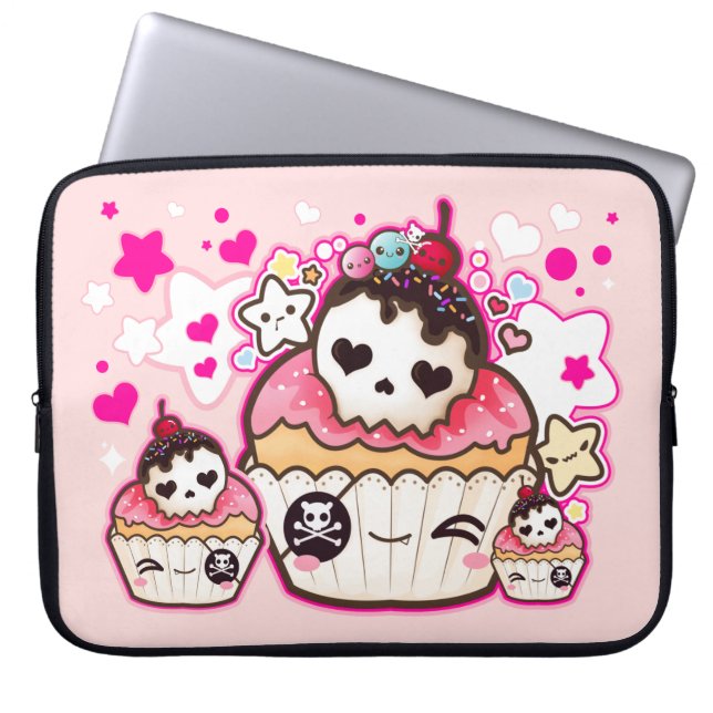 Kawaii skull cupcake with stars and hearts laptop sleeve (Front)