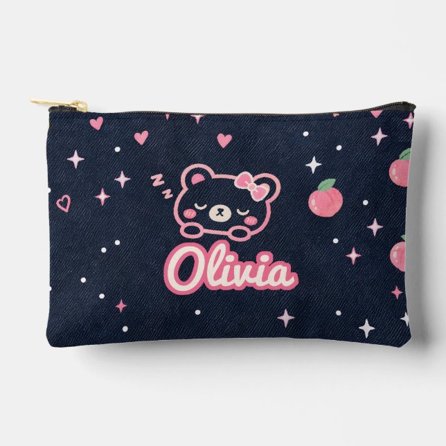 Kawaii Sleeping Bear Custom Name Accessory Pouch (Front)