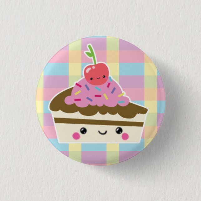 Kawaii Slice of Cake on Colourful Checks 3 Cm Round Badge (Front)