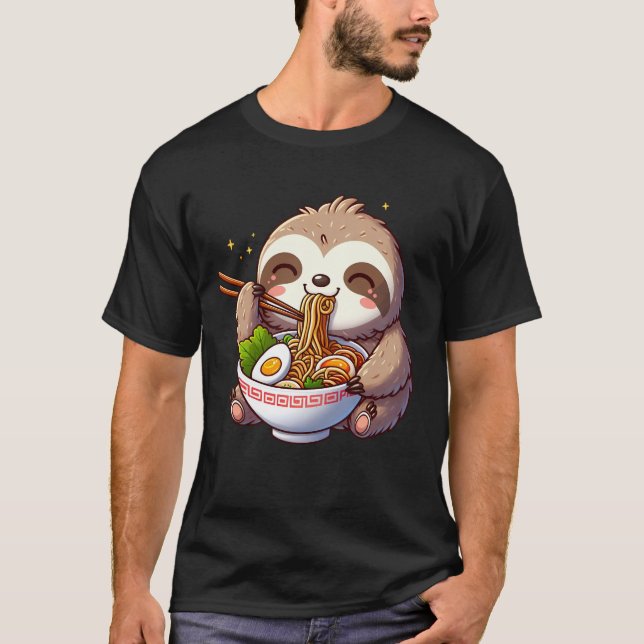 Kawaii Sloth Eating Ramen Noodle Anime Japanese T-Shirt (Front)