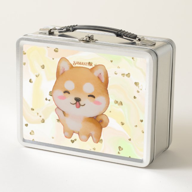 Kawaii Smiling Cartoon-Style Shiba Inu Metal Lunch Box (Front)
