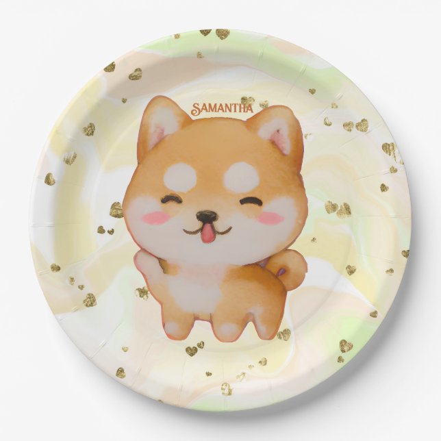 Kawaii Smiling Cartoon-Style Shiba Inu Paper Plate (Front)