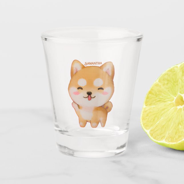 Kawaii Smiling Cartoon-Style Shiba Inu Shot Glass (Front)