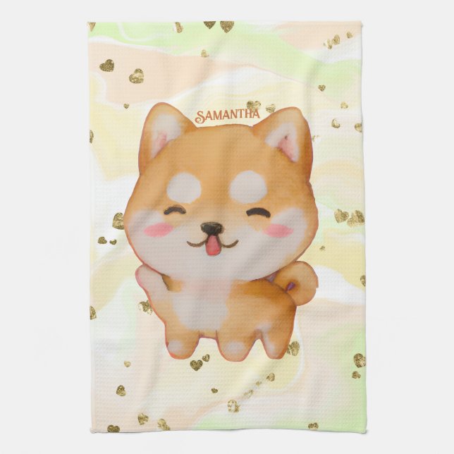 Kawaii Smiling Cartoon-Style Shiba Inu Tea Towel (Vertical)