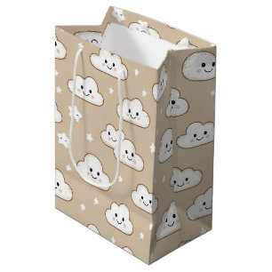 Kawaii Smiling Clouds & Stars on Beige Medium Gift Bag