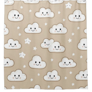 Kawaii Smiling Clouds & Stars on Beige Shower Curtain