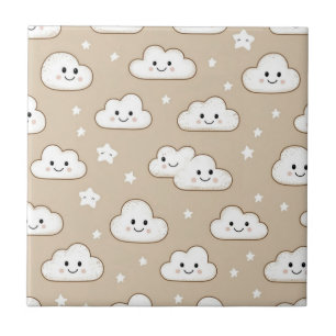Kawaii Smiling Clouds & Stars on Beige Tile