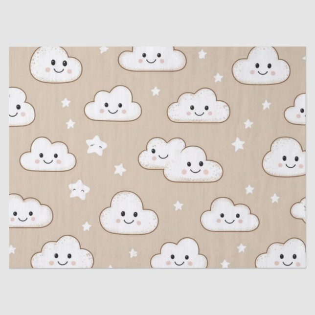  Kawaii Smiling Clouds & Stars on Beige Tissue Paper (Front)