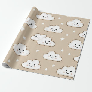 Kawaii Smiling Clouds & Stars on Beige Wrapping Paper