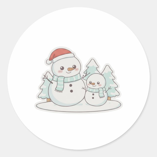 Kawaii Snowman Family Cute Christmas T-Shirt  Classic Round Sticker (Front)
