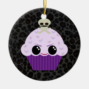 Kawaii Spooky Cupcake Black Leopard Print Ornament