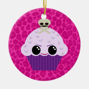 Kawaii Spooky Cupcake Pink Leopard Print Ornament