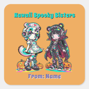 Kawaii Spooky Sisters Anime Chibi Orange Halloween Square Sticker