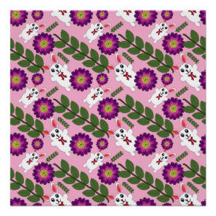Kawaii Spring Bunny: Vibrant Purple Floral Maximal Poster