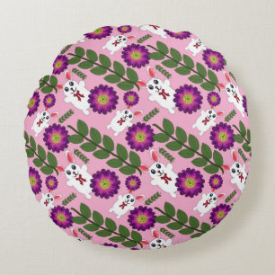 Kawaii Spring Bunny: Vibrant Purple Floral Round Cushion