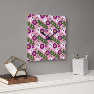 Kawaii Spring Bunny: Vibrant Purple Floral  Square Wall Clock
