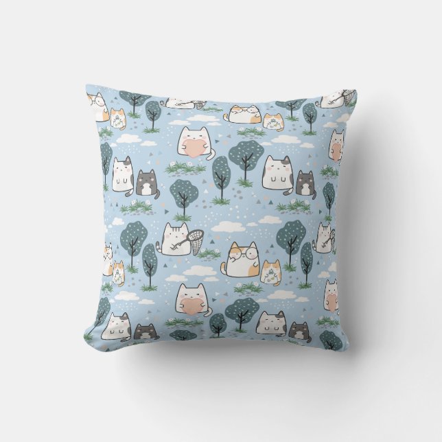 Kawaii Spring Cats Nature Pattern Cushion (Front)