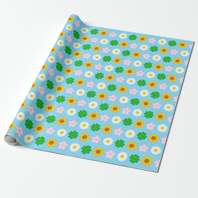 Kawaii Spring Flowers (Blue) Wrapping Paper (Unrolled)