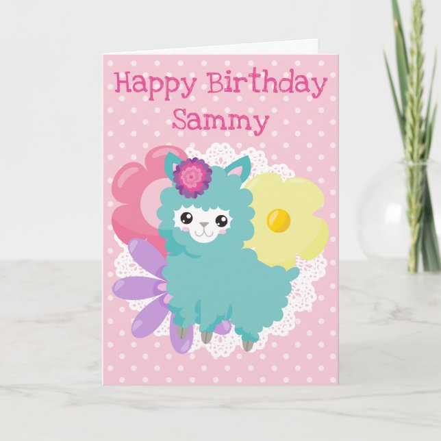 Kawaii Spring Pink Llama Happy Birthday Card (Front)