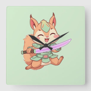 Kawaii Squirrel Samurai. Square Wall Clock