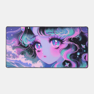 Kawaii Star-Sea Girl Under Cosmic Waves Desk Mat
