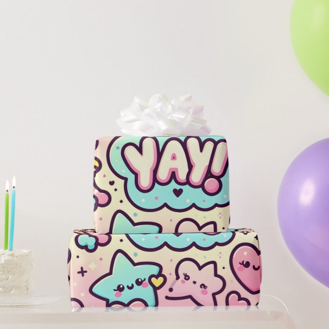 Kawaii Stars, Hearts, and “Yay!” Wrapping Paper (Party Gifts)