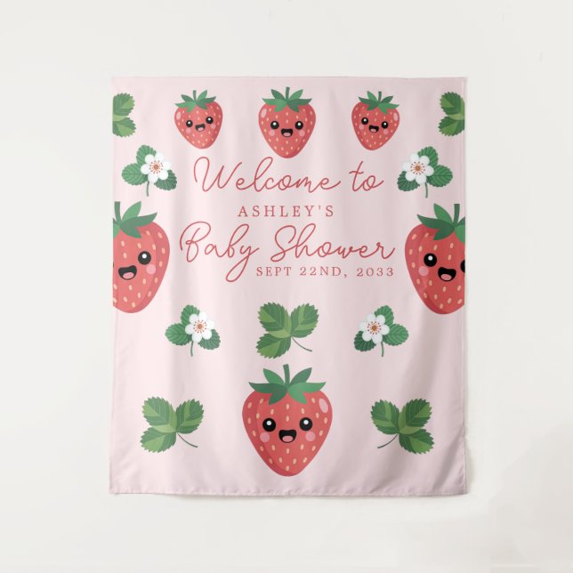 Kawaii Strawberry Baby Shower Backdrop Tapestry (Front)