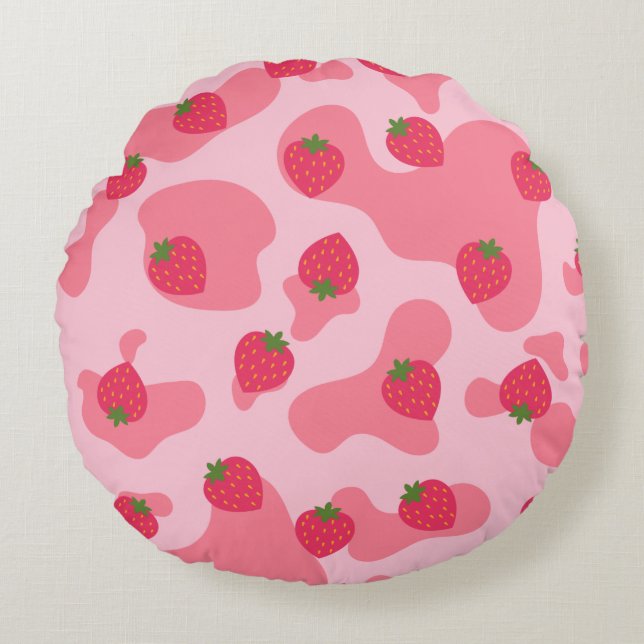 kawaii strawberry cow pattern round cushion (Front)