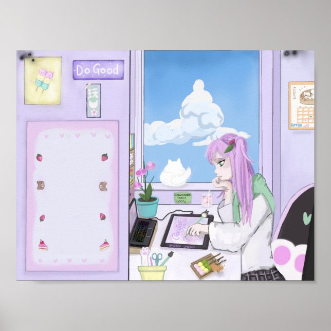 Kawaii Strawberry Girl Drawing Digital Art Poster  (Front)