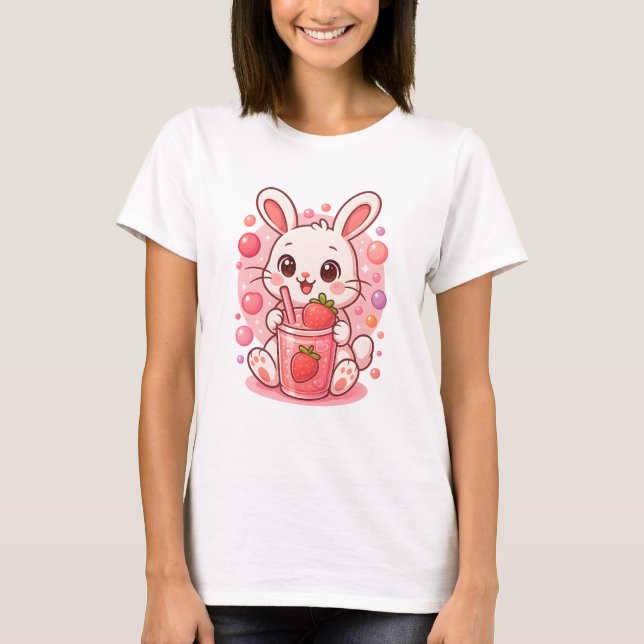 Kawaii Strawberry Milk Bunny – Cute Pink Rabbit T-Shirt (Front)