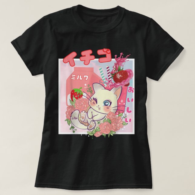 Kawaii Strawberry Milk Cat Aesthetic T-Shirt (Design Front)