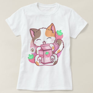 Kawaii Strawberry Milk Cat Design T-Shirt