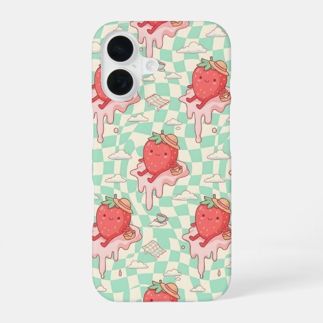 Kawaii Strawberry Picnic Pattern iPhone 16 Case (Back)