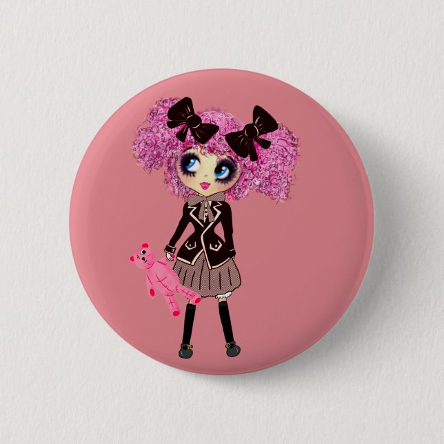 Kawaii Student Girl with PinkyP 6 Cm Round Badge (Front)