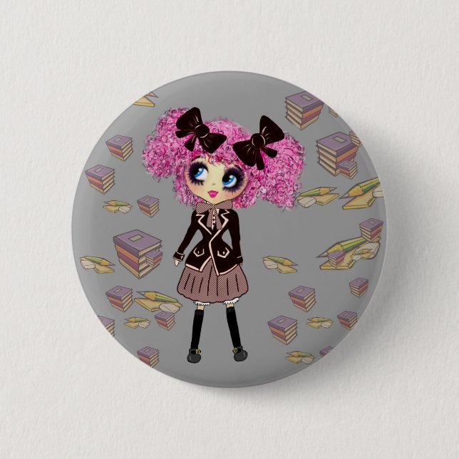 Kawaii Student Girl with PinkyP 6 Cm Round Badge (Front)