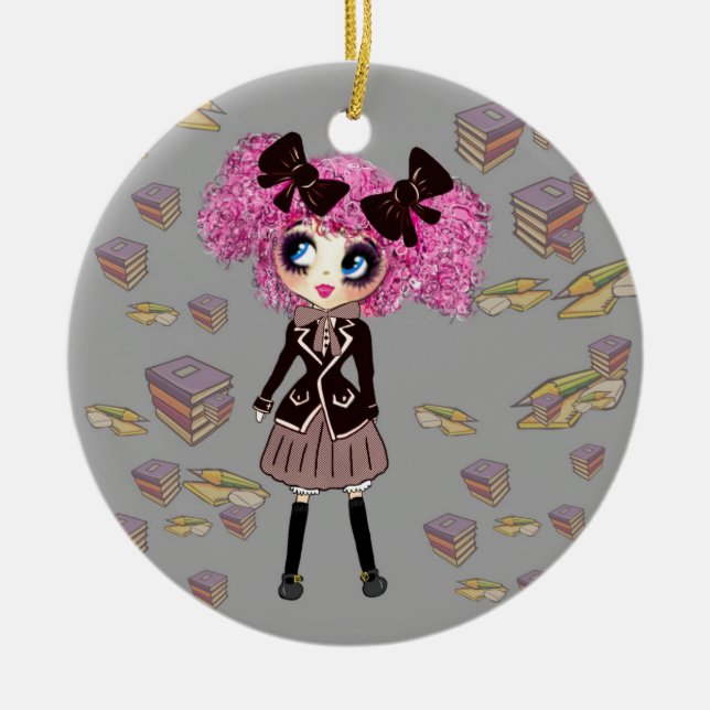 Kawaii Student Girl with PinkyP Ceramic Tree Decoration (Front)