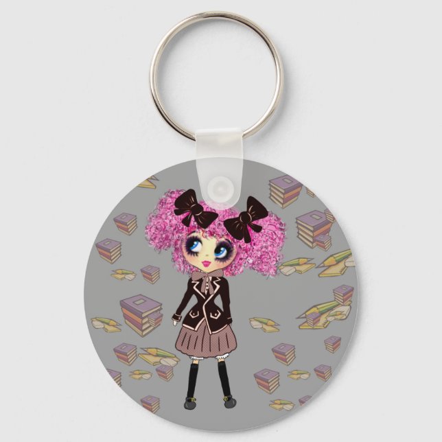 Kawaii Student Girl with PinkyP Key Ring (Front)