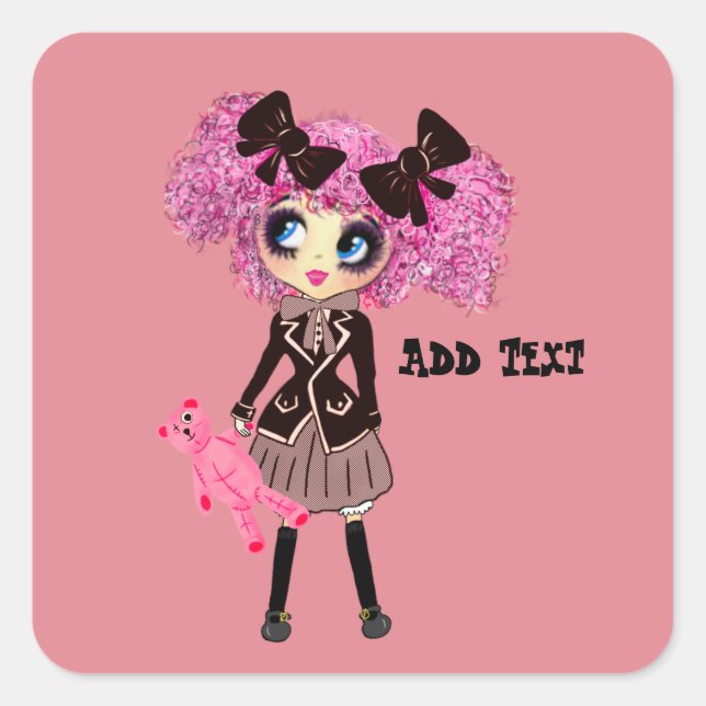 Kawaii Student Girl with PinkyP Square Sticker (Front)
