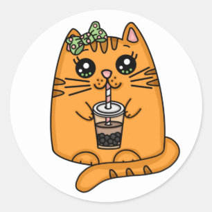 Kawaii Style Kitty Cat with Bubble Tea Classic Round Sticker