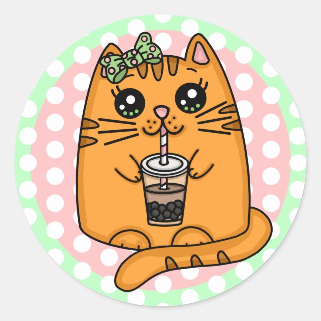 Kawaii Style Kitty Cat with Bubble Tea Classic Round Sticker (Front)