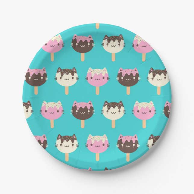Kawaii Summer Ice Lolly Popsicle Cats Paper Plate (Front)