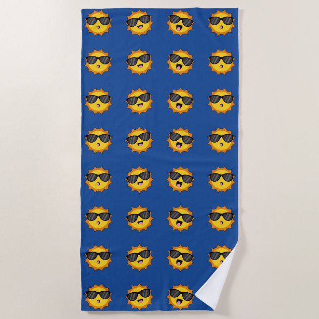 Kawaii Sun with Sunglasses Happy Emoji Faces Beach Towel (Front)