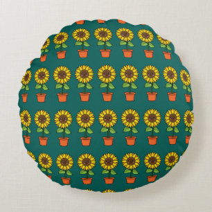 Kawaii Sunflower Plant in a Pot Round Cushion