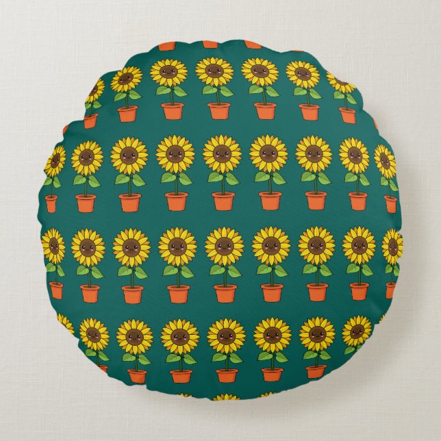 Kawaii Sunflower Plant in a Pot Round Cushion (Front)