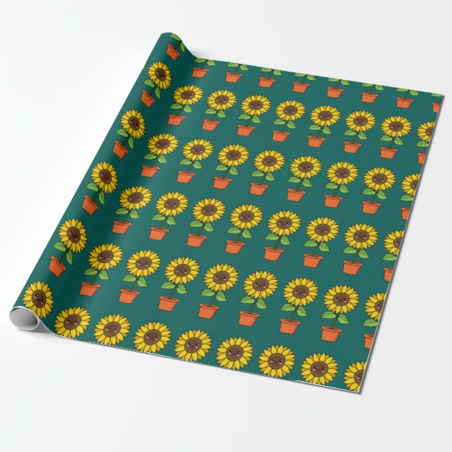 Kawaii Sunflower Plant in a Pot Wrapping Paper (Unrolled)