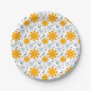 Kawaii Suns, Moons and Clouds Paper Plate
