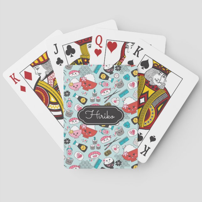 Kawaii Sushi Blue Personalised Playing Cards (Back)