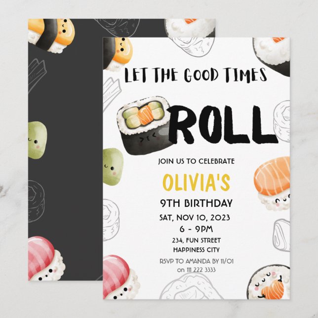 Kawaii Sushi Good Times Roll Kids Adult Birthday Invitation (Front/Back)