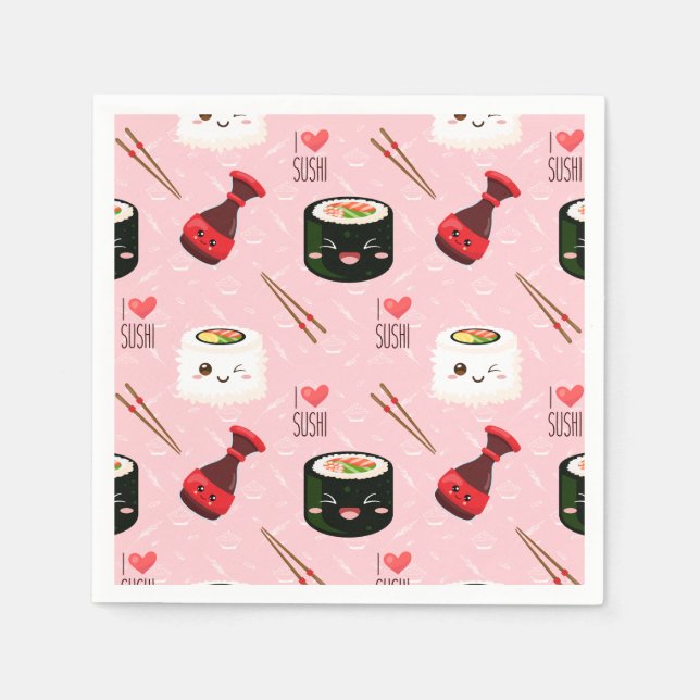 Kawaii Sushi Pattern Light Pink  Napkin (Front)